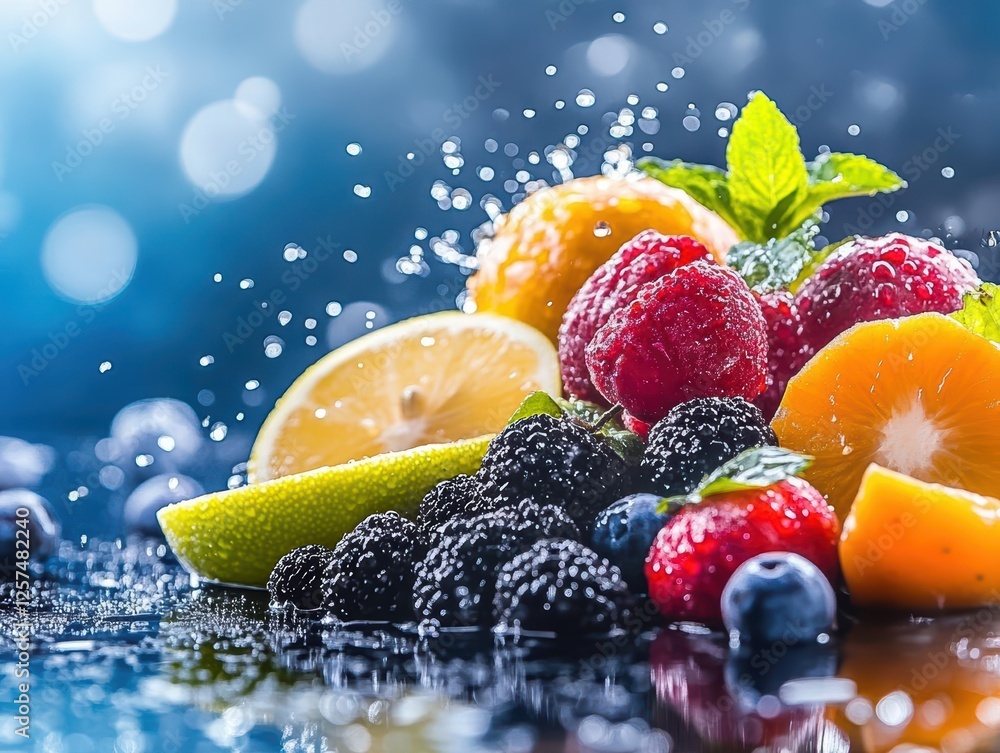 Poster fresh fruits with water splashing against a vibrant blue background in a dynamic composition