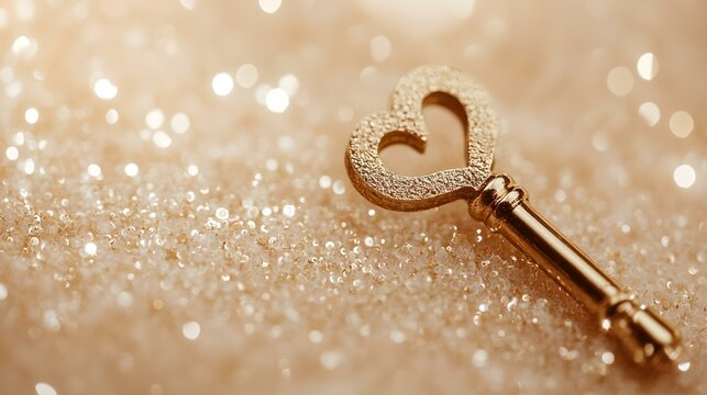 Golden heart key on sparkling surface; love, romance, secret concept; ideal for Valentine's Day or wedding