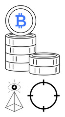 Bitcoin coins stacked with blue Bitcoin symbol eye on pyramid and target crosshair icons suggest surveillance, focus, cryptocurrency. Ideal for finance, digital currency, investments, security