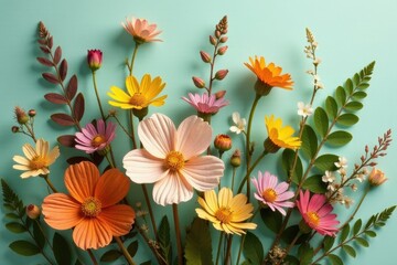 Obraz premium A vibrant arrangement of various wildflowers, showcasing a spectrum of pastel and bold hues, organically composed against a serene aqua backdrop