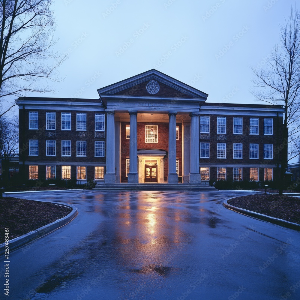 Poster Elegant University Building at Dusk Reflecting on Wet Pavement, a Classic Collegiate Scene with Architectural Grandeur and Serene Evening Ambience