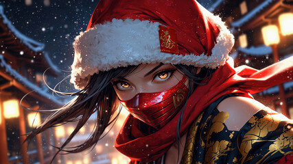 赤い着物を着た女性忍者