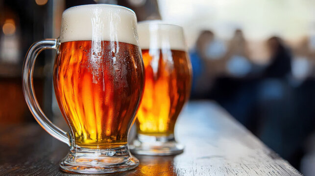 St Patrick's Day Irish Celebration. Two frosty mugs of amber beer filled with foam, set on a wooden surface, capturing a social atmosphere in the background.