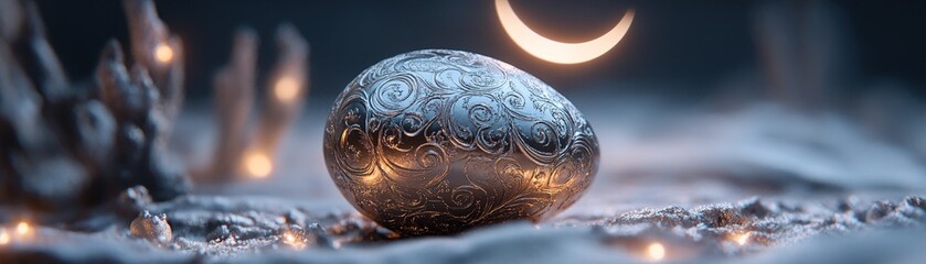 A beautifully crafted silver Easter egg showcases intricate lunar phases etched into its surface. The soft glow of a crescent moon adds an enchanting ambiance to this serene moment