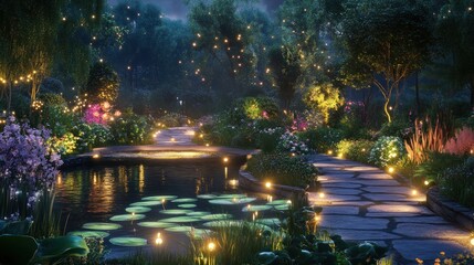 Obraz premium Magical night garden path, glowing flowers, pond, fantasy landscape, serene escape