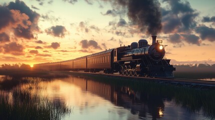 Fototapeta premium Vintage steam train in sunset landscape with reflective water and scenic sky