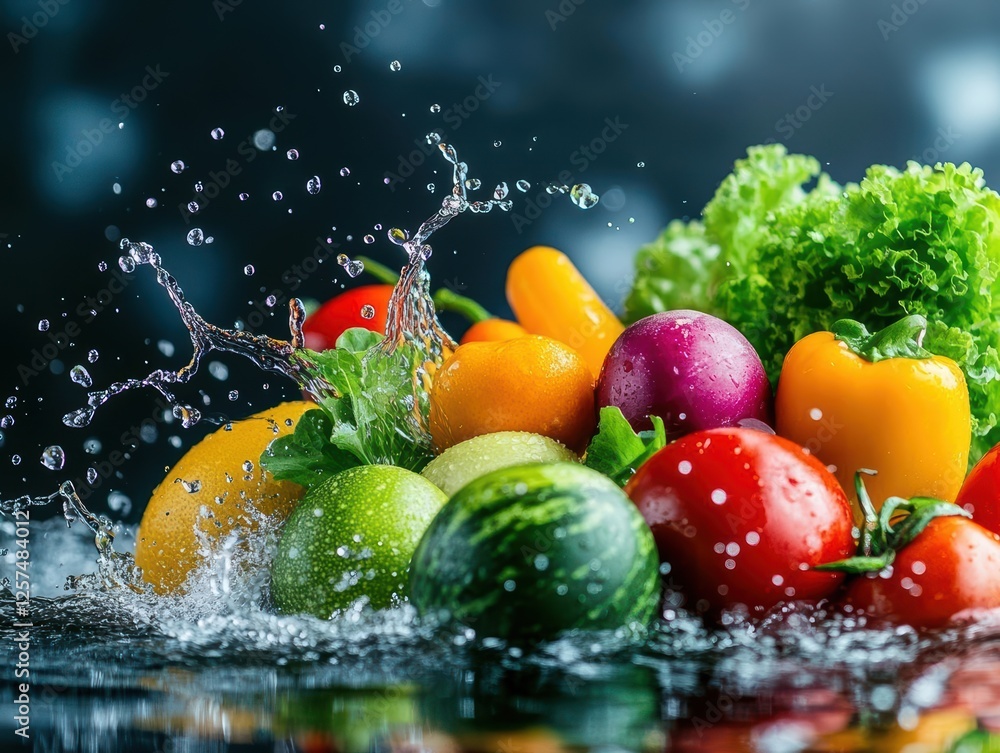 Poster fresh vegetables splashing into clear water creating dynamic and vibrant water droplets