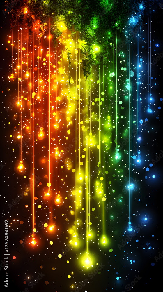 Poster colorful abstract design with vibrant lights and sparkling bokeh effect on a dark background