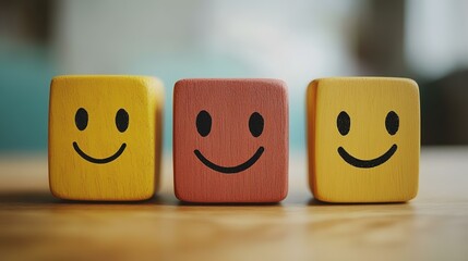 Happy, neutral, happy faces on wooden blocks; customer satisfaction survey; blurred background
