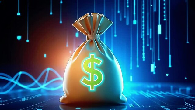 Digital representation of a money bag symbolizing wealth and finance amidst a futuristic data backdrop