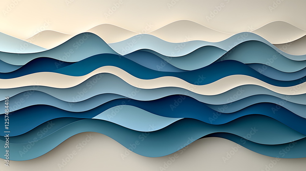 Poster layered paper artwork with blue waves creating a serene ocean-like effect on a smooth background sur