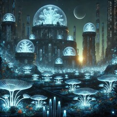 Underwater City with Bioluminescent Plants Domes and structures