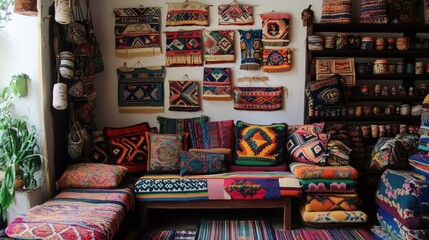 Cozy room filled with colorful textile art and patterns