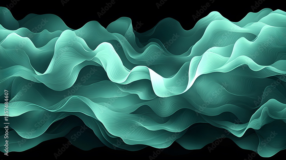 Poster soft flowing waves in shades of teal and aqua against a black background creating a calming effect