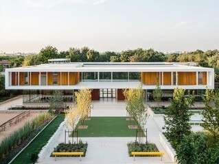 Modern Architectural Design of a Community Building Surrounded by Greenery