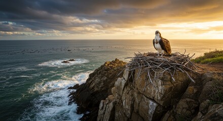 Majestic osprey perched on a coastal cliff nest at sunset, overlooking the ocean waves and horizon