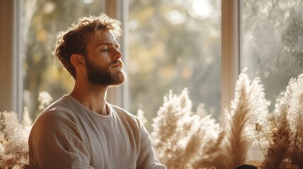 Man meditating peacefully by window, sunlight streaming in, pampas grass decor, calm atmosphere. Ideal for mindfulness, wellbeing, peace, relaxation content