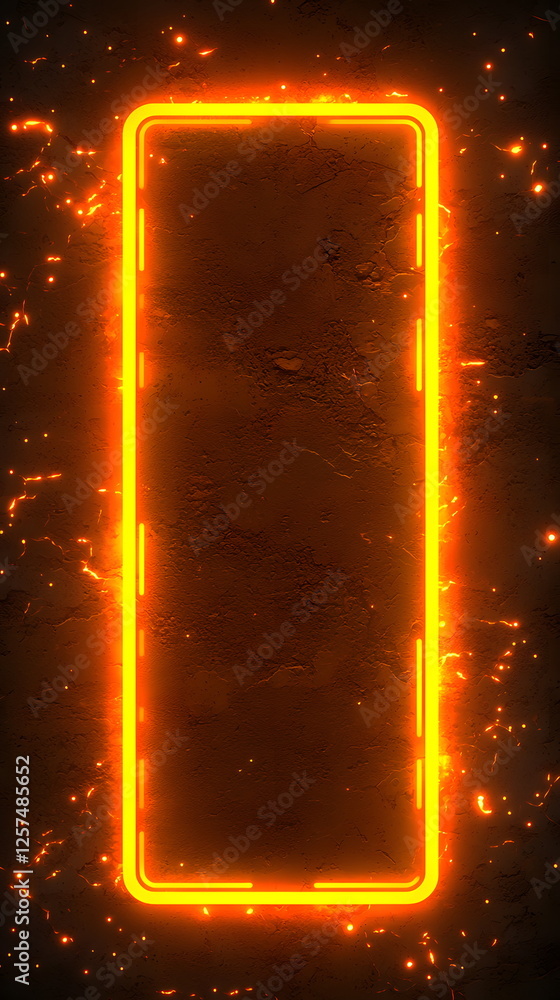 Poster glowing neon rectangle frame on dark textured background with fiery sparks creating an eye-catching 