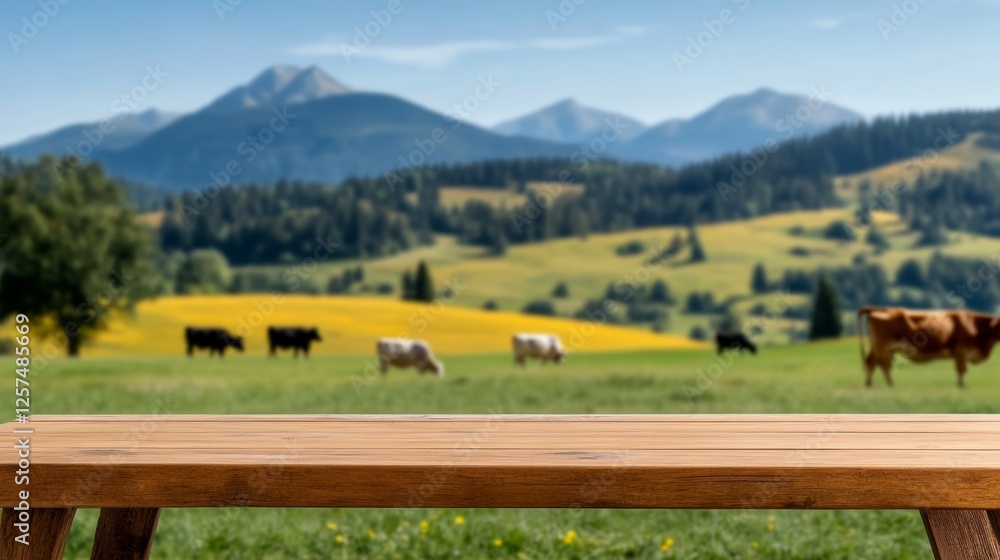 Poster wooden table with a view of cows grazing in a field