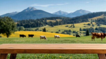 Wooden table with a view of cows grazing in a field
