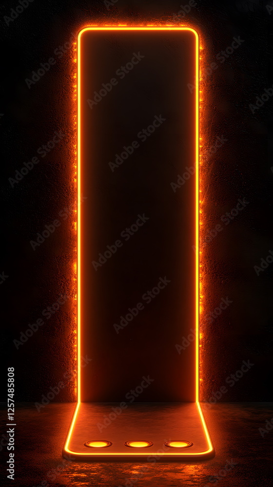 Aufkleber illuminated tall rectangular display with glowing orange edges against a dark background in a minima