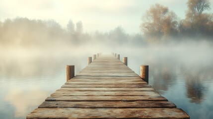 Obraz premium Misty morning, wooden pier extending into foggy lake, tranquil autumn scene; perfect for meditation, peace, and nature websites