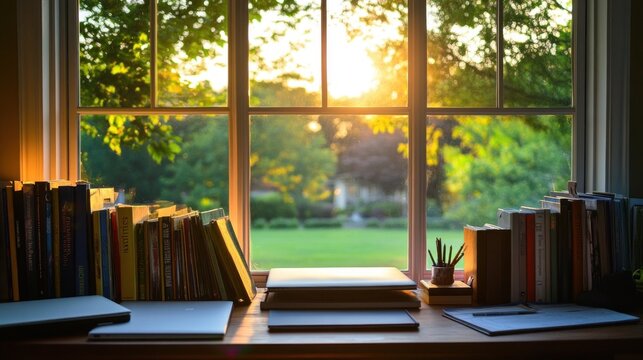 Fototapeta A serene workspace by a window, showcasing books and a view of a sunlit garden.