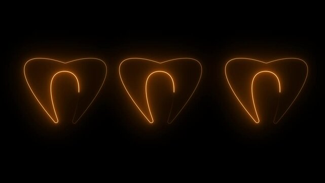 A neon tooth animation on a black background. Animated tooth. Teeth of the upper jaw. Abstract Dental Design on Black Background