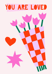 Obraz premium Hand drawn simple illustration of tulip flowers bouquet in checkered wrap. Cute cutout style Valentine's Day vector card