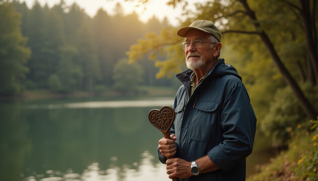 Senior Man in Nature with Carved Heart Stick