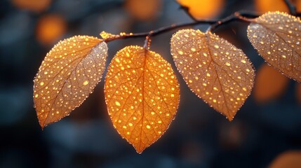 Dew-kissed autumn leaves glistening in the morning light, set against a blurred forest backdrop