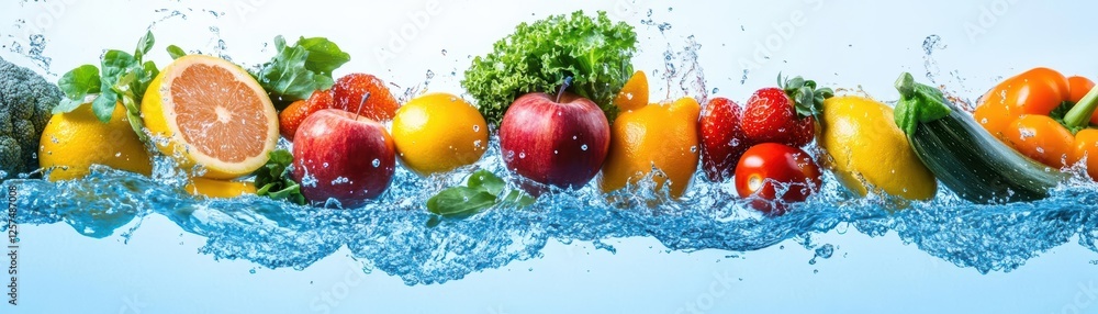 Poster Fresh fruits and vegetables splashing into clear water creating dynamic splash effect