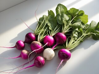 Fresh Organic Purple and White Radishes with Green Leaves Arranged Beautifully on a White Surface.