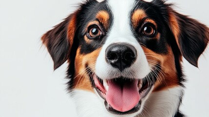 Dog with a pink tongue is smiling and looking at the camera