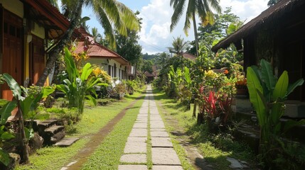 Obraz premium Scenic tropical village pathway lined with lush greenery and traditional houses