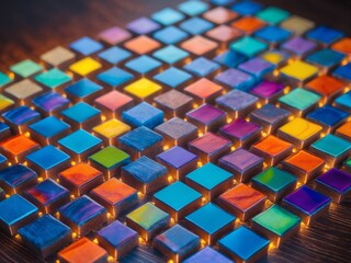 Obraz premium A vibrant array of colorful squares arranged neatly on a dark wooden surface