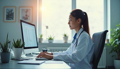 Dedicated Doctor Working on Computer in Modern Office