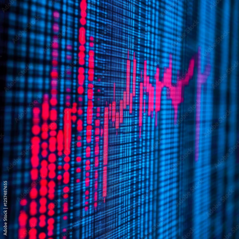 Poster fluctuating fortunes: a red-highlighted stock market chart displaying real-time financial data on a 