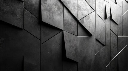 Abstract geometric wall design with angled panels creating a modern aesthetic in a dimly lit space