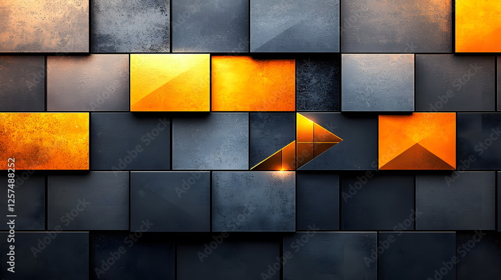 Aufkleber geometric shapes arranged in a modern pattern with metallic and golden elements against a dark backg