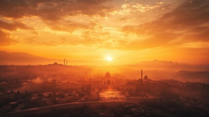Sunset over ancient cityscape with dramatic sky and silhouetted structures