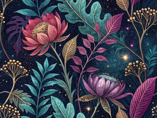 Long Exposure Metallic Botanicals Sparkling Background - AI Art,  Floral Metal, Shimmering Plants