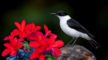 A small bird sitting on top of a rock next to flowers