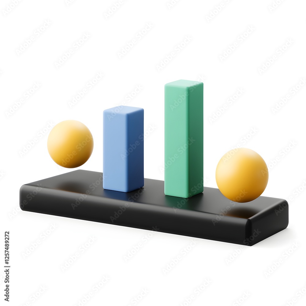 Poster abstract 3d graphic of colorful bars and orbs on a black platform