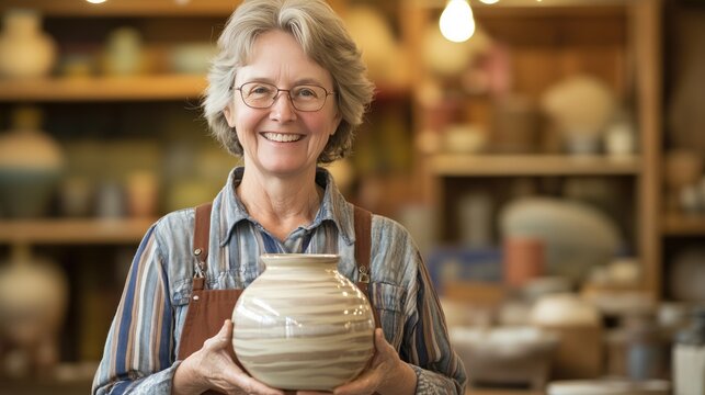 Elderly caucasian female pottery artist smiling in studio holding vase