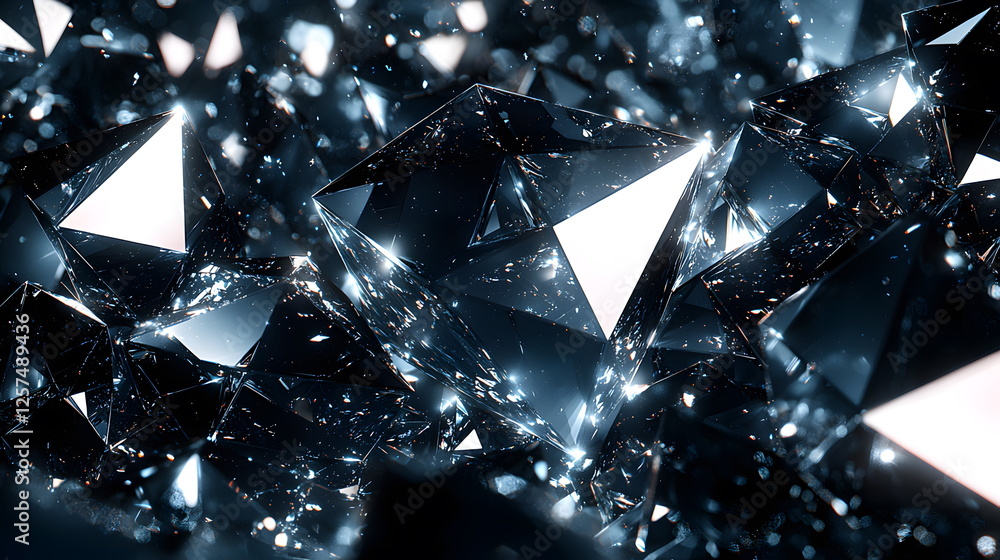Poster shimmering diamonds scattered across a dark background reflecting light in various angles and facets