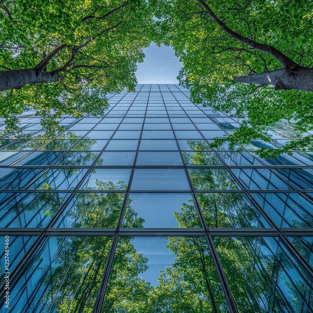 Aufkleber green canopy meets glass: reflecting nature in modern architecture with trees and sky mirrored in a 