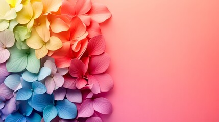 Rainbow hydrangea petals on pink background; spring floral design; greeting card, website banner