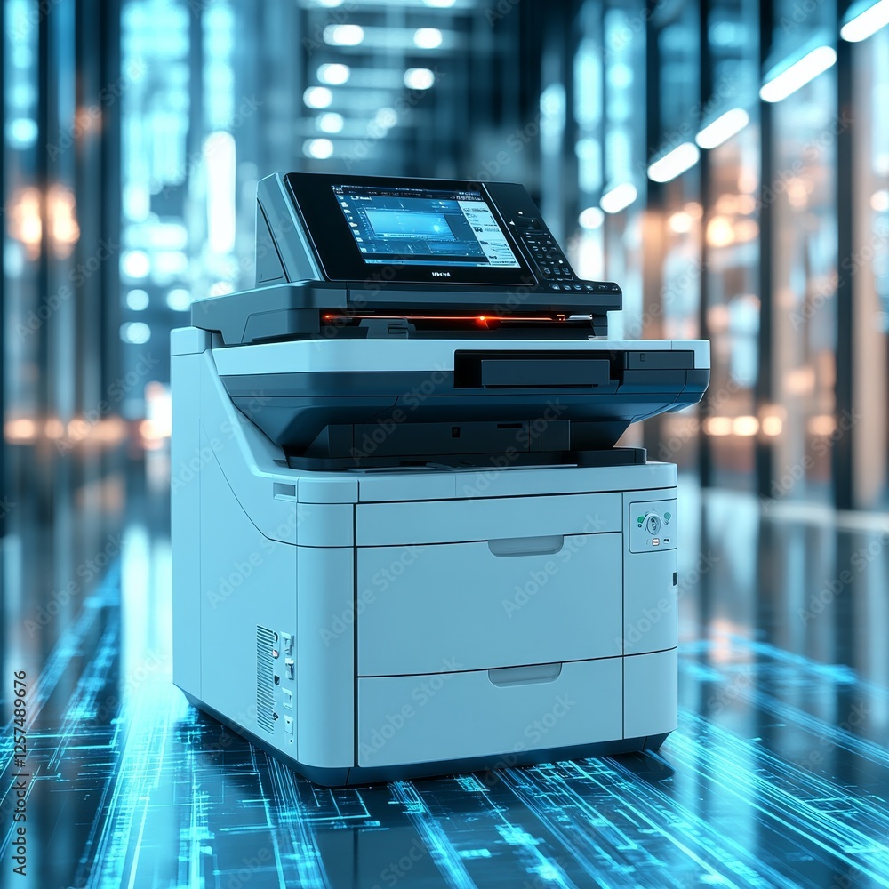 Fototapete high-tech multifunction printer in futuristic office space with data streams reflecting, offering ad