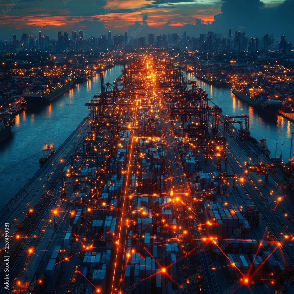Poster illuminated nightscape: high-angle view of a bustling container port and distant city skyline at dus